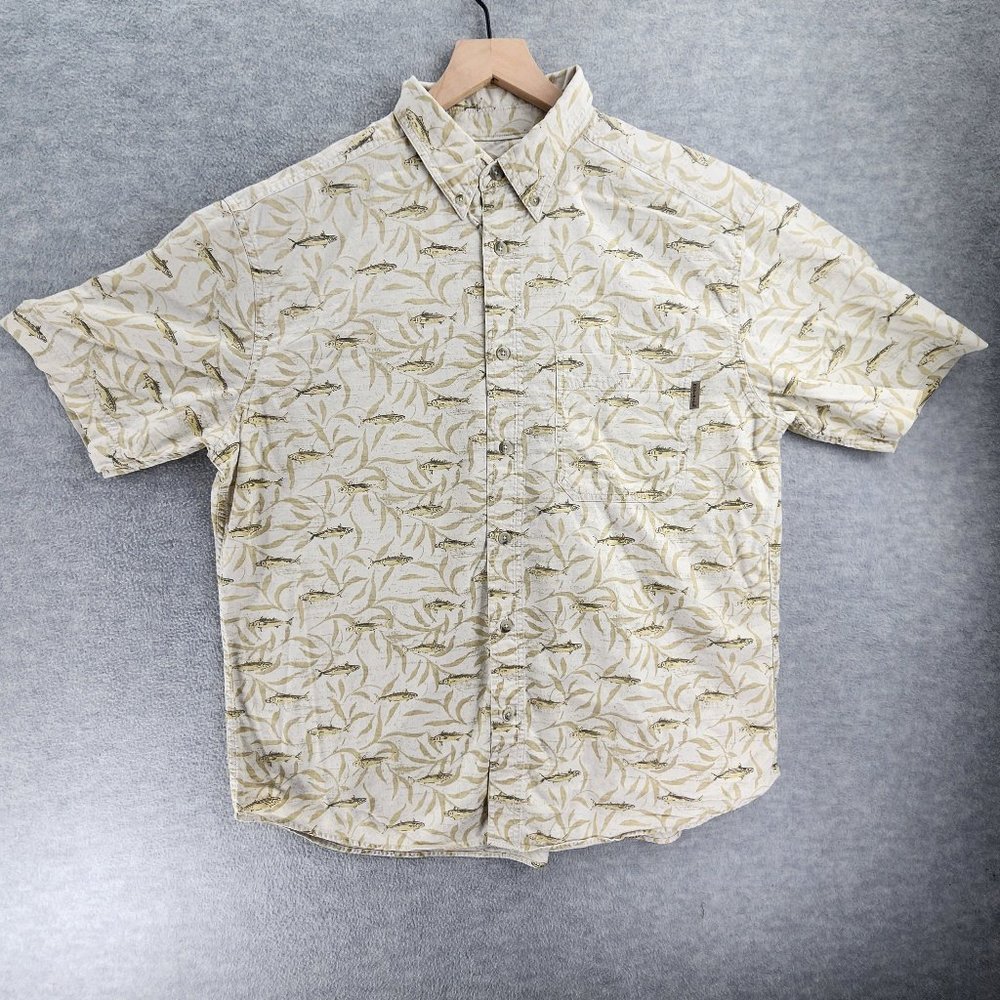 VTG Woolrich Shirt Mens Large Fish All Over Print Button Down Beige Dad Macau